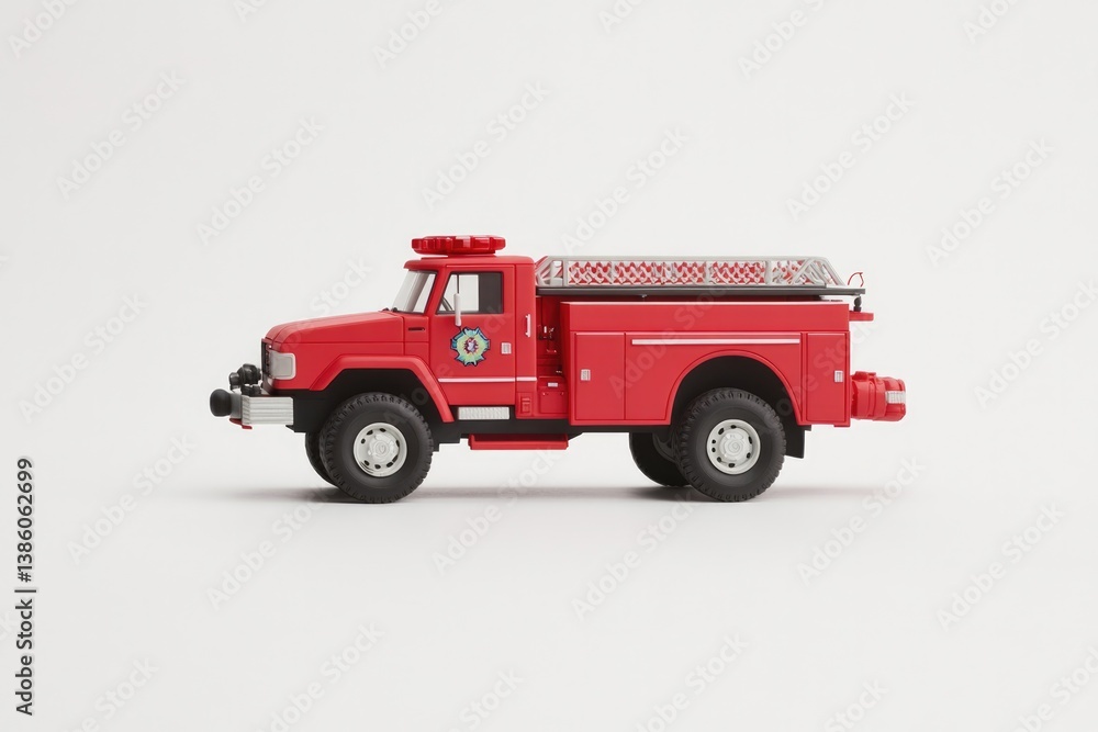 Poster red fire truck model is isolated on white background for clean minimalistic image with ample copy sp