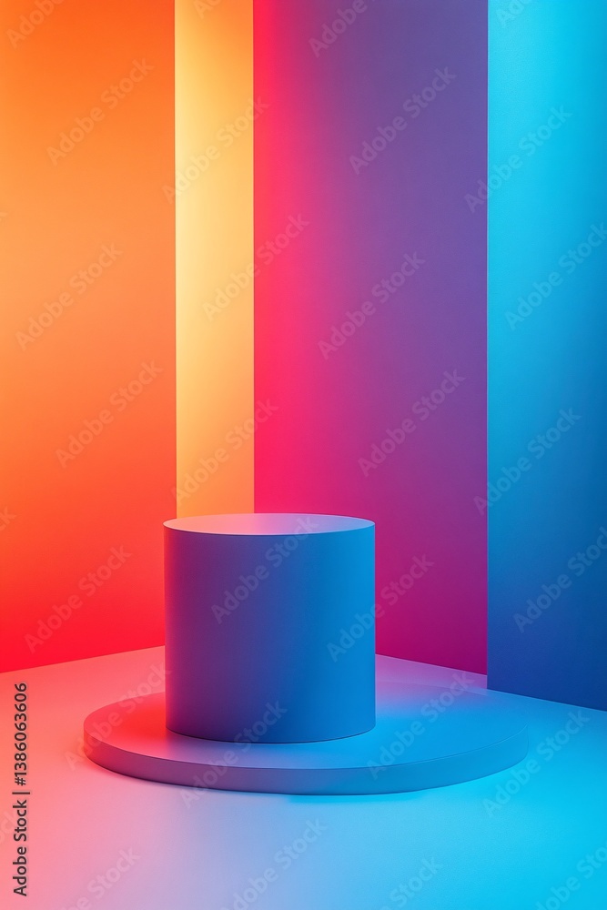 Poster sleek blue product display podium stands against a vibrant backdrop illuminated by colorful lights