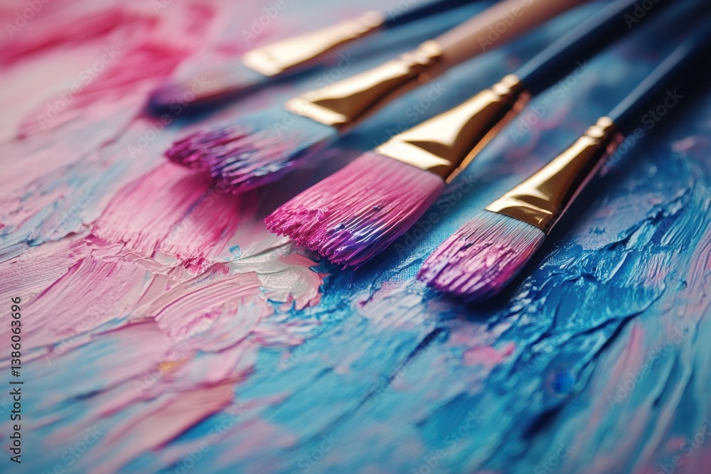 Poster artistic paintbrushes on a canvas of pink and blue hues creating a textured abstract painting with a