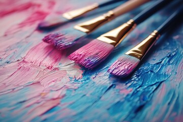 Fototapeta premium Artistic Paintbrushes on a Canvas of Pink and Blue Hues Creating a Textured Abstract Painting with a Close Up Perspective and a Creative Style