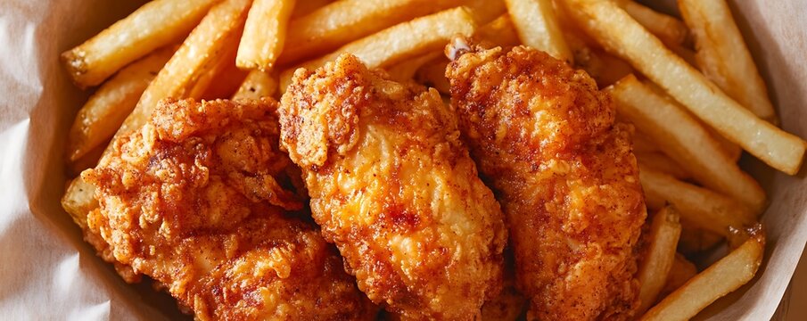 Golden-brown broasted chicken with crispy fries makes a feast for both the eyes and stomach, captured in a vibrant food photo.