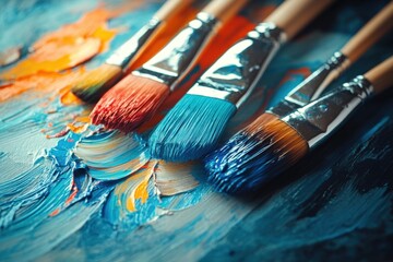 Obraz premium Artistic paintbrushes with vibrant colors on textured canvas creating a creative and expressive visual experience for art projects and design