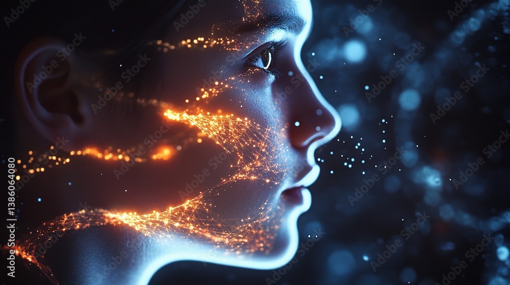 Poster double exposure effect of scientist with glowing elements in profile