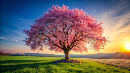 Fototapeta premium Solitary Pink Cherry Blossom Tree in Spring, Dramatic Nature Photography