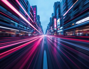 Neon Light Trails on City Street at Night with Buildings