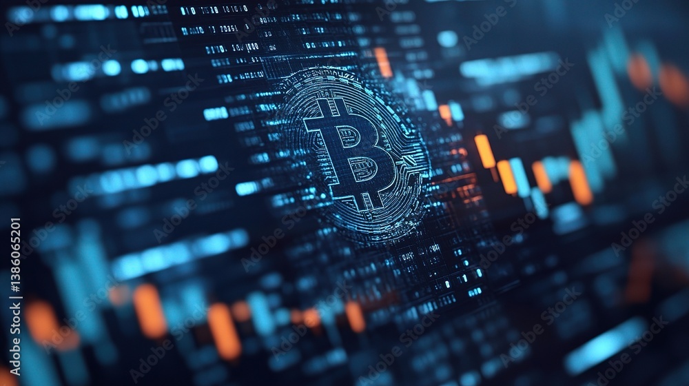 Poster blockchain visualization with bitcoin icon and financial data streams