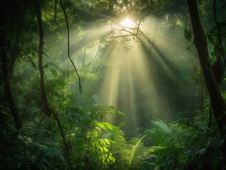 Naklejka premium Lush Green Jungle Canopy with Sunlight Streaming Through the Trees