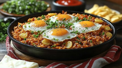 Fried rice skillet with four sunny-side up eggs, garnished with chives.