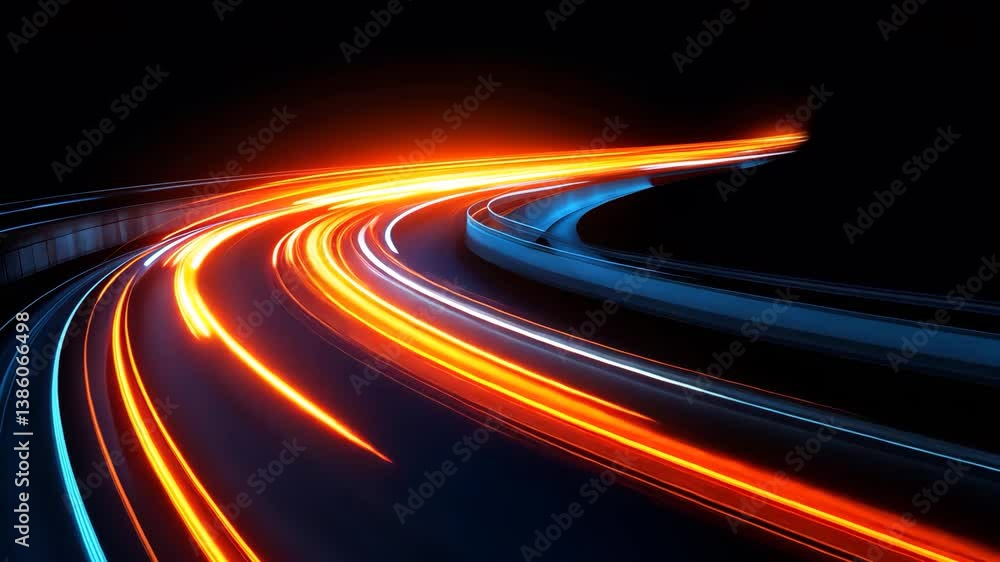 Poster abstract orange and blue light trails on dark background creating a sense of speed and movement
