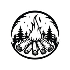 Bonfire Circle with Firewood, Flame, Pine Trees Silhouette 