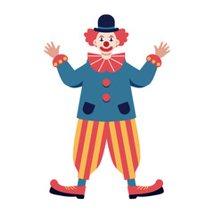 Cheerful clown with happy expression wearing colorful costume on white background