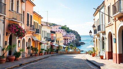 Fototapeta premium Coastal Town Street Scene - Perfect for Commercial Use