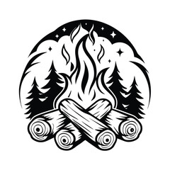 Bonfire Logs with Flames, Pine Trees, and Stars