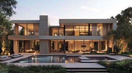 Obraz premium Modern Luxury Villa by the Pool: Architectural Design and Evening Ambiance