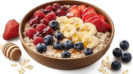 A bird is eye view of a bowl of oatmeal topped with bananas, strawberries, and blueberries, with a drizzle of honey, on a white background