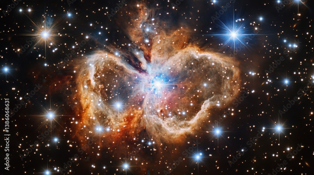 Poster ethereal cosmic butterfly nebula shimmering in deep space with distant stars and celestial gas cloud