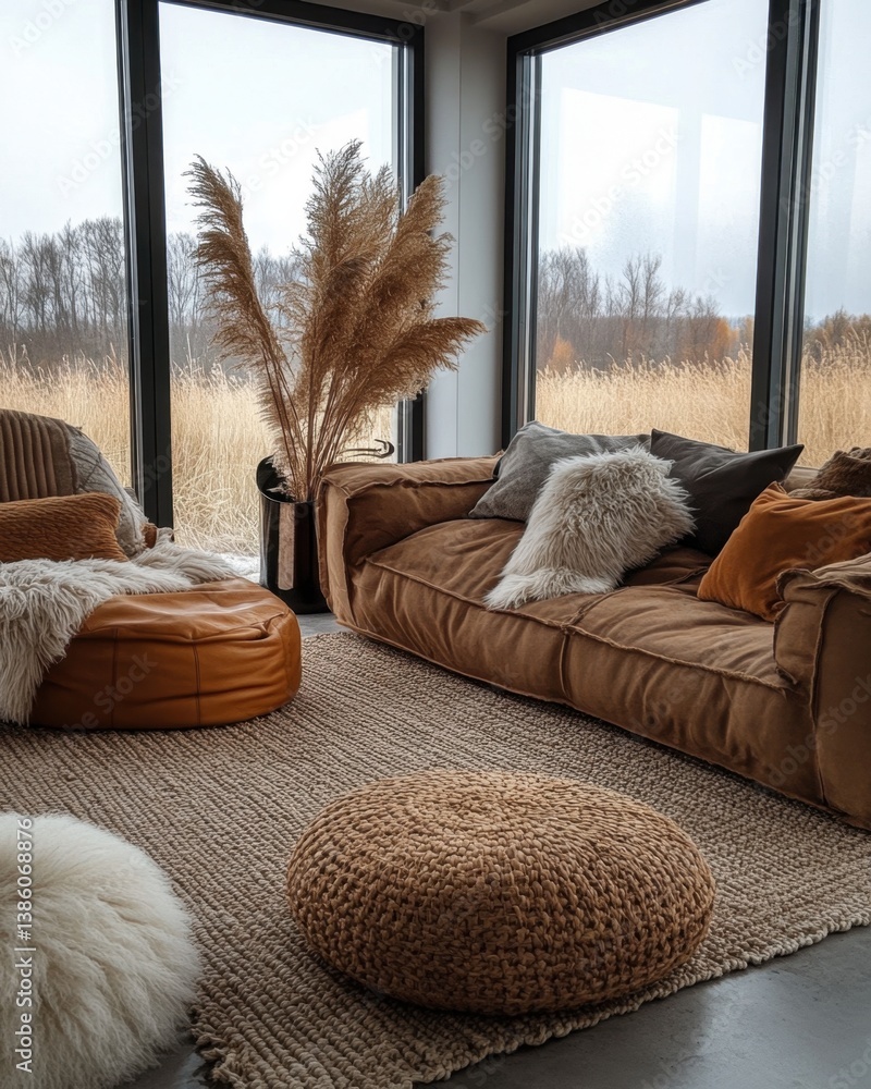Poster serene interior with brown sofa and natural elements creating a cozy and inviting atmosphere in a mo