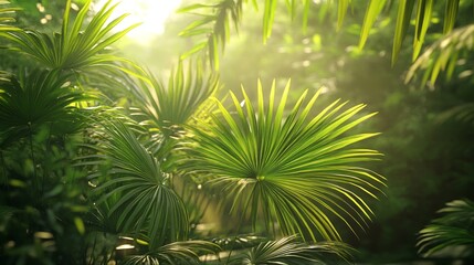 Vibrant Fan-Shaped Saw Palmetto Leaves in Sunlit Tropical Setting Highlighting Natural Beauty and Exotic Foliage in a Lush Environment