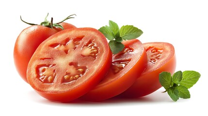 Juicy tomato cuts on white surface  
