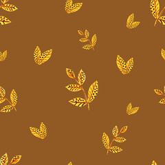 Set of watercolour yellow leaves pattern. Golden autumn leaves in bright background