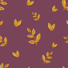 Set of watercolour yellow leaves pattern. Golden autumn leaves in bright background
