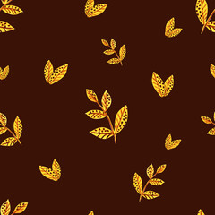 Set of watercolour yellow leaves pattern. Golden autumn leaves in bright background