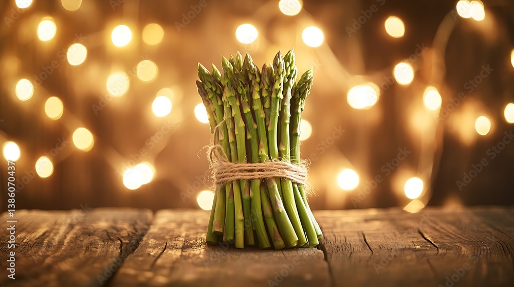 Poster fresh asparagus bundled with twine on a rustic wooden surface surrounded by softly glowing fairy lig