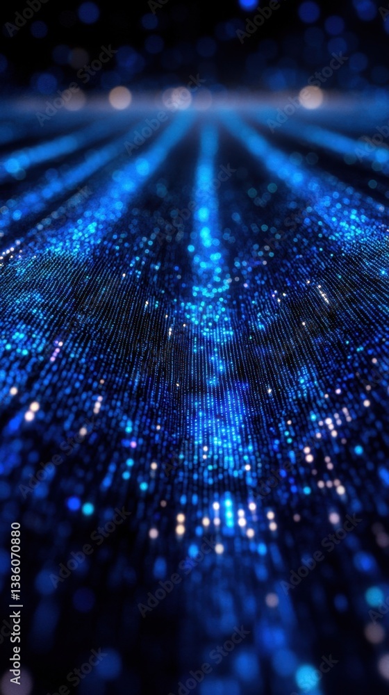 Poster dazzling display of blue light particles creating a futuristic digital landscape with depth and pers