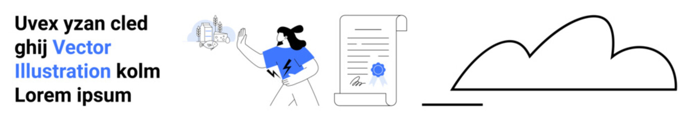 Female character holding a digital contract, showcasing cloud connection and signing documents. Ideal for technology, business, remote work, productivity, startups, digital tools, simple landing page