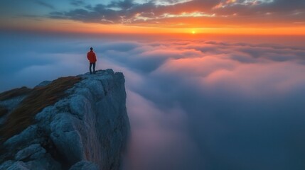 Obraz premium Solitude Above the Clouds: A Man Contemplates the Sunset from a Mountaintop