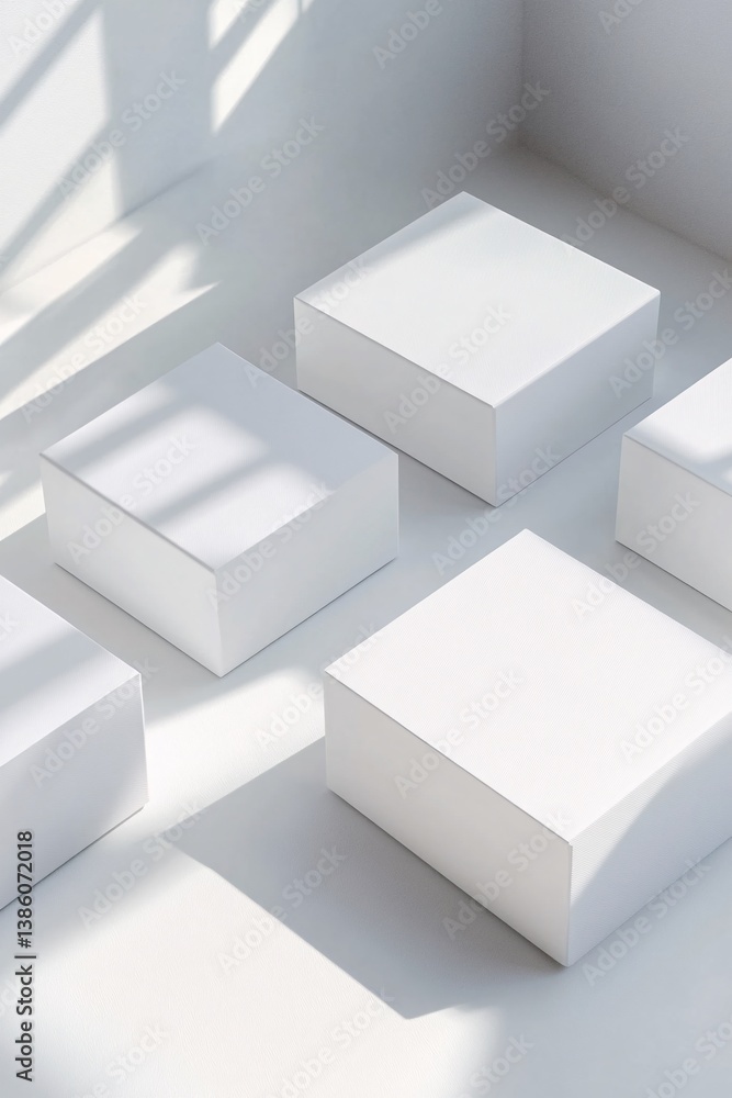 Aufkleber Different sized white cubes casting shadows on a white surface from a window