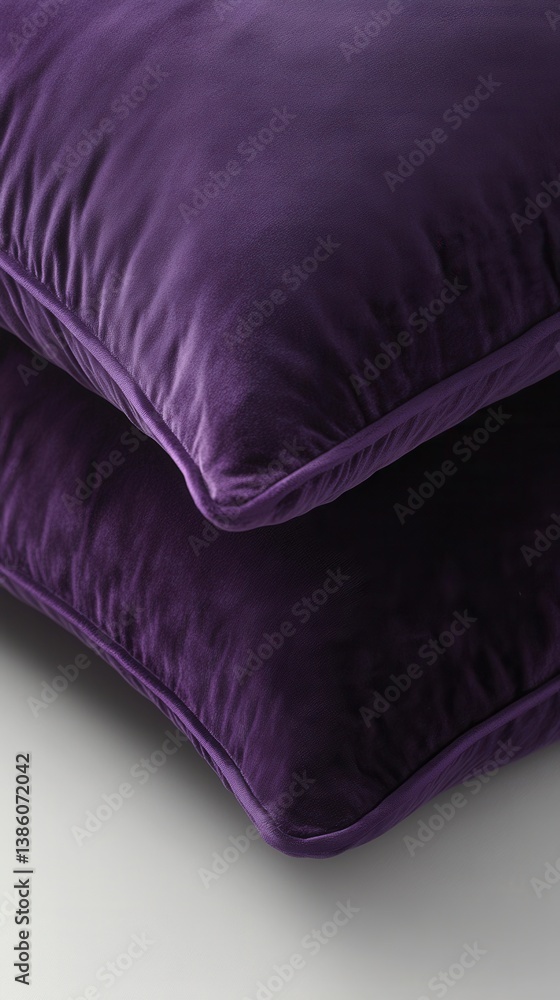 Poster luxurious velvet cushions in deep purple hue stacked elegantly on a soft surface creating a cozy and