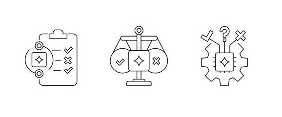 AI Decision-Making and Ethical Evaluation Icons. Logic Automation, Fairness Frameworks, Risk Assessment, and Responsible AI Design. Editable Stroke.