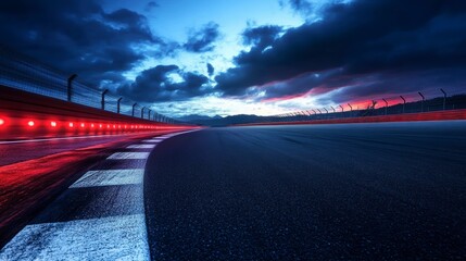 Dramatic race track at sunset, asphalt, curve, lights, finish line.