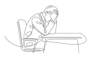 Stressed Businessman at Desk Line Art Icon – Continuous One Line Drawing.