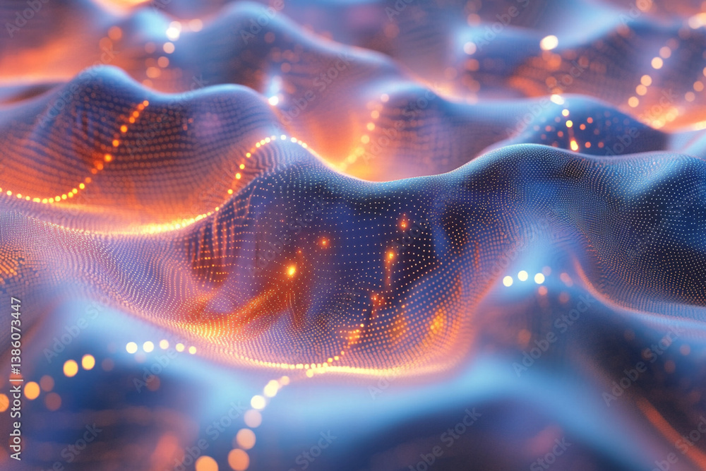 Poster abstract data network flowing across wavy surface with light points