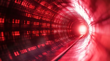 Abstract tunnel of red code, glowing center, data flow