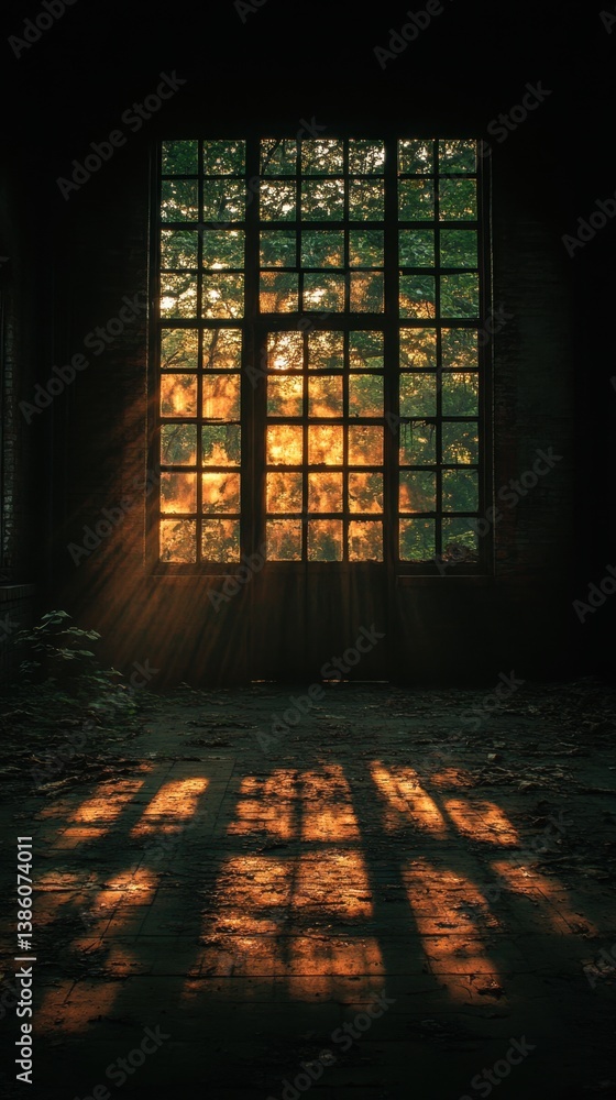 Poster sunlight streaming through window in abandoned room creating dramatic light and shadow play on the f