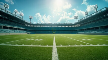 Empty American football stadium on a sunny day,  showing the field, stands, and goalposts.
