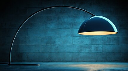 Sleek arc floor lamp with a large, dome-shaped shade, casting warm light against a textured wall