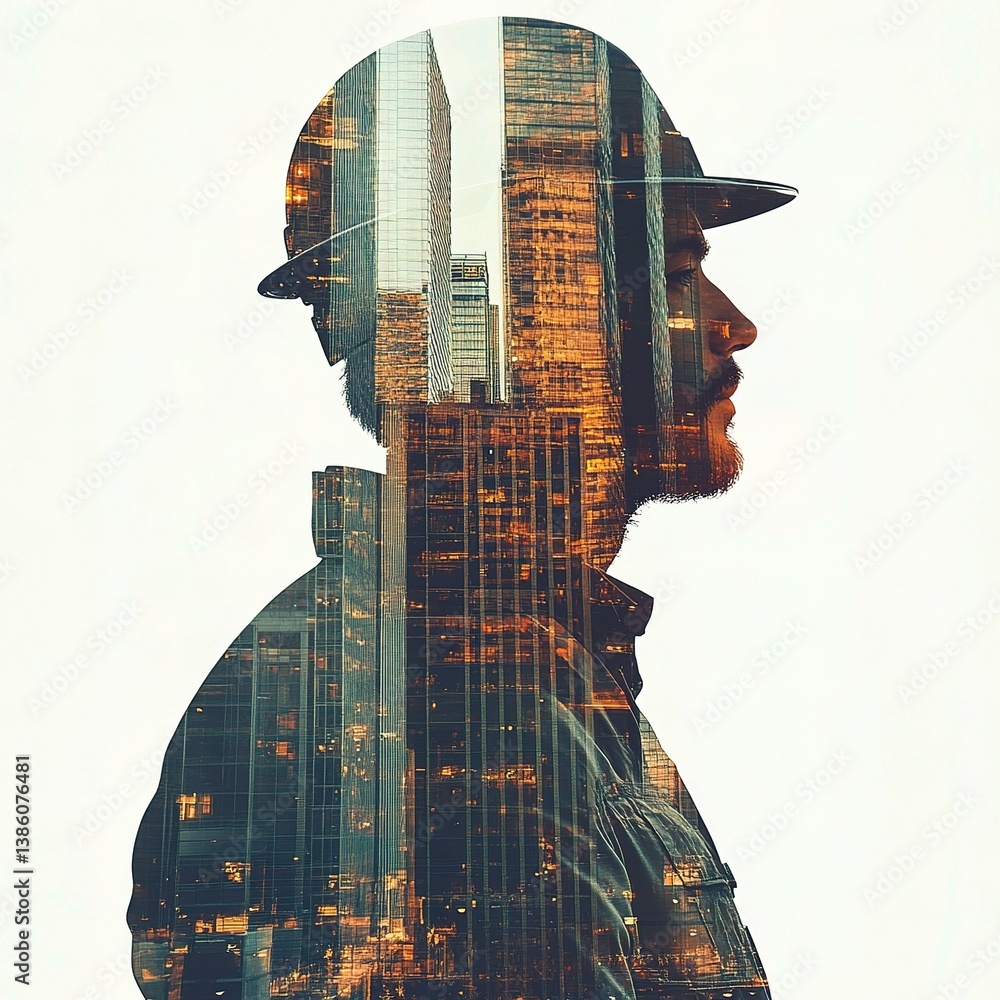 Poster double exposure of an engineer with skyscraper background
