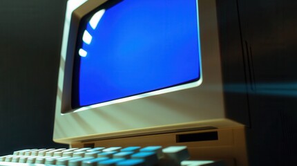 Retro computer with blue screen monitor and keyboard evokes a nostalgic technology era.