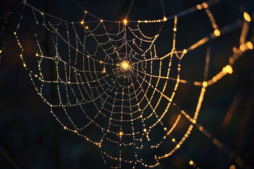 Obraz premium Spiderweb with Water Droplets Glimmering in Sunlight Creating a Natural Trap