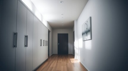 Hallway interior featuring modern storage, minimalist art, and wood flooring in a well-lit space.
