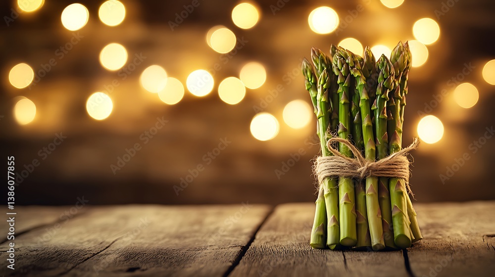 Poster fresh asparagus tied with twine on rustic wooden table with warm bokeh lights in the background crea