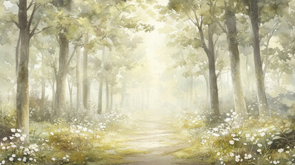 Naklejka premium Forest walk painted in watercolor, tall slender trees on either side of a winding earthy path, mossy floor and flower tufts