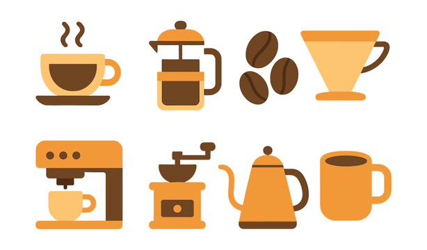 Coffee brewing essentials icons set: explore flat style coffee-making tools and elements
