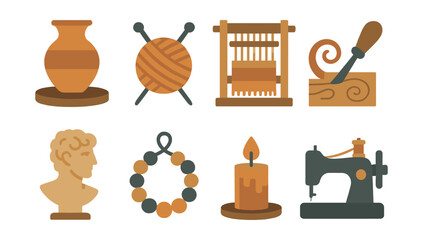 Crafts and hobbies icons set: pottery, knitting, sewing, and more in flat design style