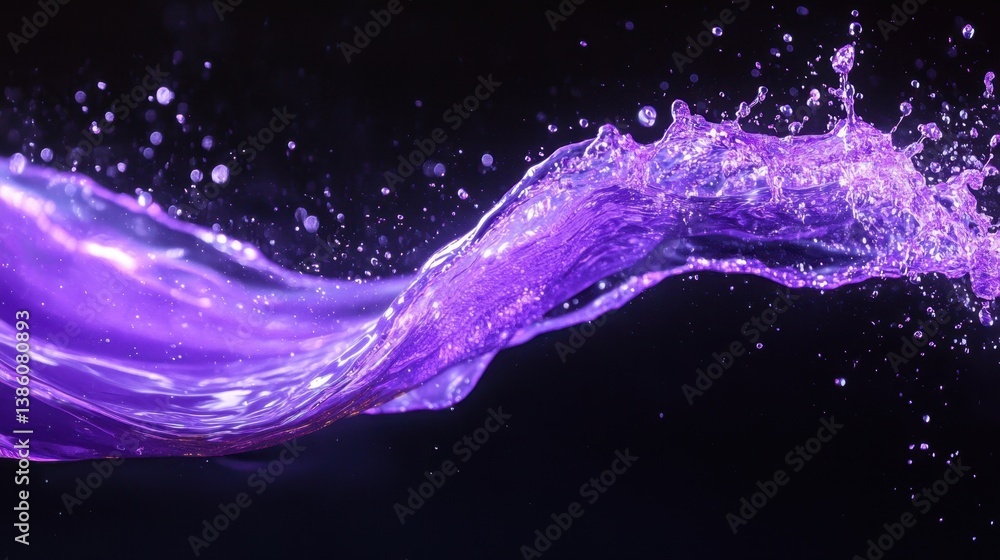 Poster dynamic splash of vibrant purple liquid against a stark black backdrop creating a mesmerizing visual