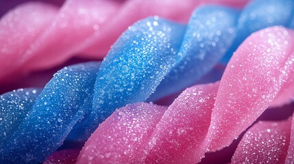 Bright blue and pink sour straws, sugar-coated, curled and twisted, high-resolution close-up shot.